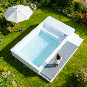 สระว่ายน้ำทรงสี่เหลี่ยมทันสมัยพร้อมที่นั่งในตัวสำหรับขาย ใช้กลางแจ้งสำหรับบ้าน - Product Image 5