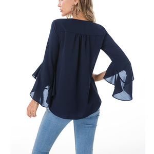 Blusa de gasa de verano de diseñador para mujer, blusas holgadas de Color sólido, manga 3/4, cuello en V, Jersey plisado, camisas con patrón estampado - Product Image 2
