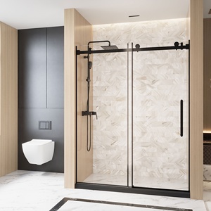 <span class=keywords><strong>Porte</strong></span> de <span class=keywords><strong>douche</strong></span> coulissante en verre trempé transparent sans cadre à fermeture douce en noir - Product Image 3