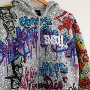 ES üretici özel Streetwear boy ağır Distressing DTG yıkanmış Rhinestone % 100% pamuk Zip-Up Boxy erkek Hoodie - Product Image 2
