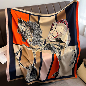 Style rétro femmes grand 90*90cm grand carré Satin soie écharpe printemps et été nouveau cheval à la mode motif imprimé Long châle - Product Image 6