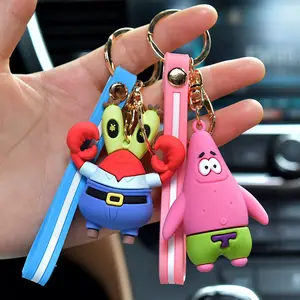 Keychain Sponge Doll Car Key Bag Accessories Cute Cartoon 3D Patrick Keychains PVC Silicone Keyring with Wrist Strap Key Chain