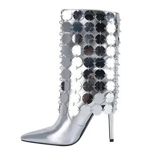 JF Custom Silver Sequin Spangle Leather High Heel Ankle Booties for Women Elegant and Sparkling Footwear