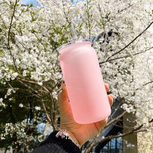Reusable 16oz Unbreakable Spring Sakura Color Plastic Glass Can Shape Acrylic Soda Beer Can with clear Lid Straw for for UV Wrap - Product Image 3