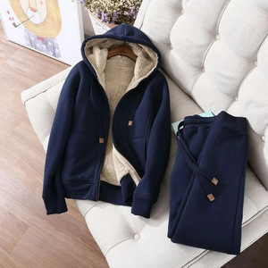 <span class=keywords><strong>Traje</strong></span> Deportivo Casual de Moda para <span class=keywords><strong>Mujer</strong></span>, <span class=keywords><strong>Chaqueta</strong></span> con Capucha de Manga Larga Forrada de Felpa Gruesa para Invierno, Pantalones Deportivos Holgados de Color Sólido Simple - Product Image 4