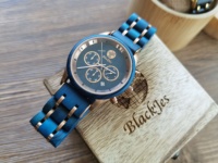 Jam Tangan Pria Besi Anti Karat, Arloji Kayu Biru Mewah Logo Kustom OEM 5ATM Kronograf Quartz Jam Tangan Kayu