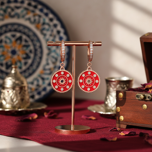 <b>Red</b> Enamel Round Shape CZ 925 Sterling Silver Dangle <b>Earrings</b> Handmade Turkish Fine Jewelry for Women - Product Image 3