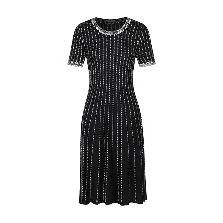 2022 Factory wholesale summer new black white stripe french luxury celebrity elegant large size knitted sweater women dress