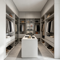 Dressing moderne minimaliste avec îlot en marbre, unités de rangement et vitrines pour chambre de villa de luxe