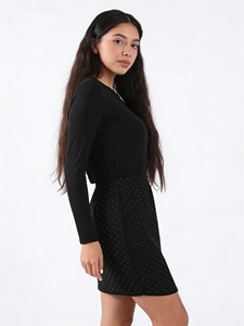 Jupe mini moulante Joyinspring pour femme grande taille, décontractée d'été, noire, ornée de strass scintillants, taille naturelle, avec fente avant - Product Image 2