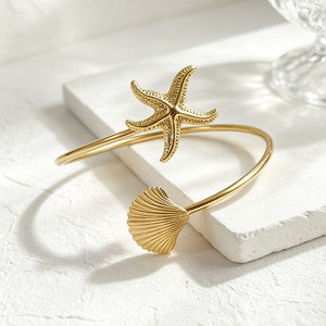 Brazalete ajustable para la parte superior del brazo con diseño de estrella de mar y concha, brazalete abierto de moda, pulsera llamativa, joyería para mujer, para uso diario y fiestas. - Product Image 5