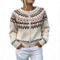 Cardigan en maille jacquard Fair Isle à col ras du cou pour femme, avec fermeture éclair, poignets et ourlet côtelés, coupe régulière, haut tricoté d'extérieur pour l'hiver, marque privée