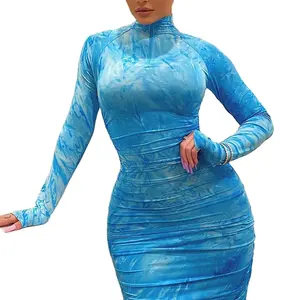 고품질 새로운 섹시한 블루 플러스 사이즈 코튼 코르셋 드레스 두건 Bodycon 숙녀 캐주얼 랩 드레스 의류 3XL 여성