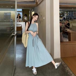 Halter Neck Long <b>Dress</b> Women's <b>Elastic</b> Waist Solid Color Casual Summer <b>Dress</b> Light Blue Polyester Fabric Leisure Wear - Product Image 1
