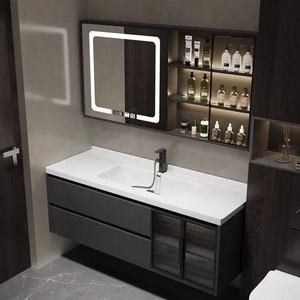 Meuble de salle de bain intelligent noir avec vitrine en verre, lavabo blanc sur comptoir, corps de meuble suspendu - Product Image 1