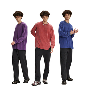 Felpa Pesante 275G Vintage Batik Acid Wash a Maniche Lunghe con Logo Personalizzato, T-Shirt da <span class=keywords><strong>Uomo</strong></span> con Collo Rotondo Oversize, Maglietta di Design - Product Image 3