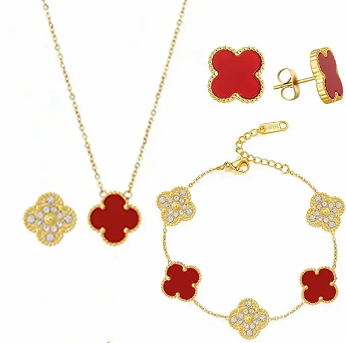 Customized Luxury Jewelry Gold Plated Stainless Steel Necklace and Earrings Set Lucky Four Leaf Clover Jewelry Set Gift