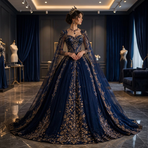 Vestido de Novia Azul Marino de Gasa con Escote Corazón, Manga Larga, Cola Catedral, Estilo Vintage, Espalda de Encaje y Pedrería, Largo hasta el Suelo - Product Image 3