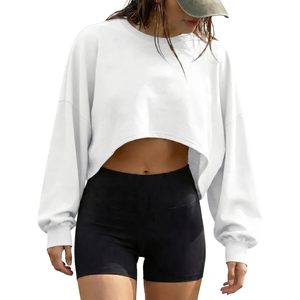 Custom Women's Cropped Sweatshirt <b>Long</b> <b>Sleeve</b> Loose Fit Lightweight Workout <b>Top</b> Breathable Knitted Fabric - Product Image 1