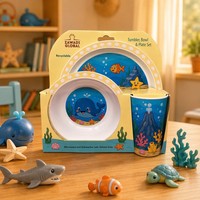 Ensemble de vaisselle en plastique pour enfants OEM, 3 pièces, assiettes, bols, tasses - Sans BPA, qualité alimentaire, motif de dessin animé avec boîte de présentation