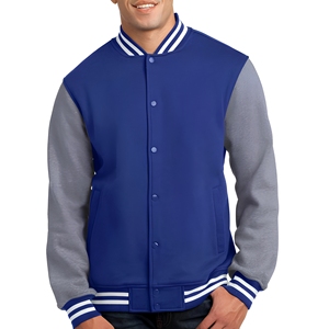Chaqueta Varsity Azul Rey para Hombre, de Lana, con Mangas Grises Bordadas, Estilo Preppy, Cuello Alto, Cierre de Botones, Resistente al Viento para Invierno - Product Image 1