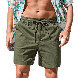 Shorts en coton et lin pour hommes, personnalisables avec logo, vente directe OEM, décontractés, avec cordon de serrage, entrejambe de 7 pouces, extensibles, pour l'été et la plage - Product Image 5