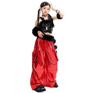 Costumes de <span class=keywords><strong>danse</strong></span> jazz pour filles, pantalon cargo rouge métallisé, haut à bretelles noir à paillettes, garniture en fourrure, ensemble de vêtements de scène pour enfants - Product Image 5