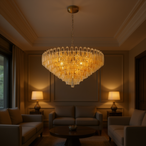 Lampadario moderno da 37 pollici in vetro soffiato color oro a più livelli, a forma di tamburo in ottone, per soggiorno, camera da letto, sala da pranzo, foyer - Product Image 2