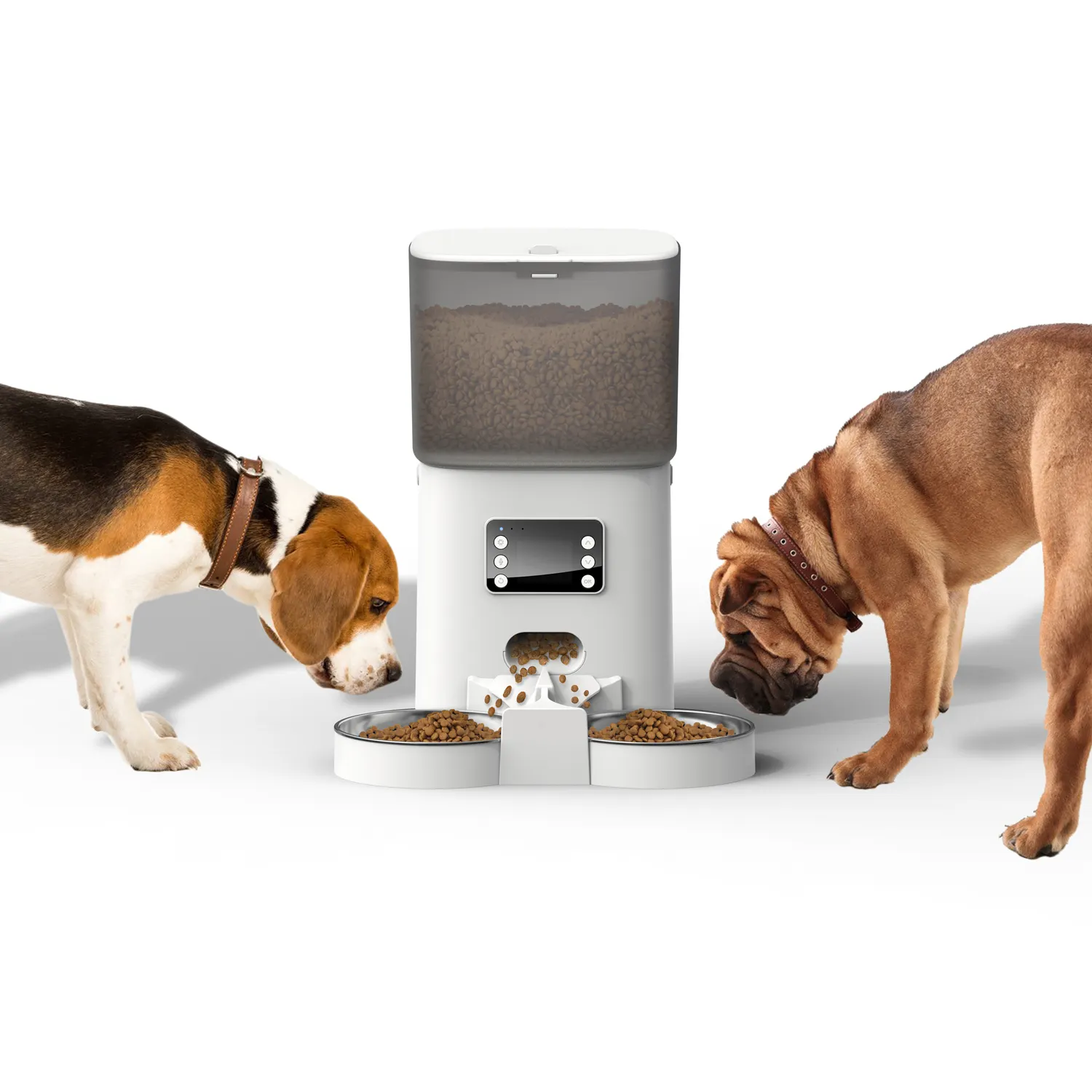 6L Automatic Pet Feeder with Two-Way Splitter Dispenser Timeding Cats Dogs Food Dispenser with Two Steel Bowls