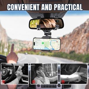 Support de téléphone pour voiture à fixation sur rétroviseur, rotation à 360°, dégagement rapide à un bouton, bras télescopique réglable, matériau ABS robuste, fixation sur grille d'aération - Product Image 6