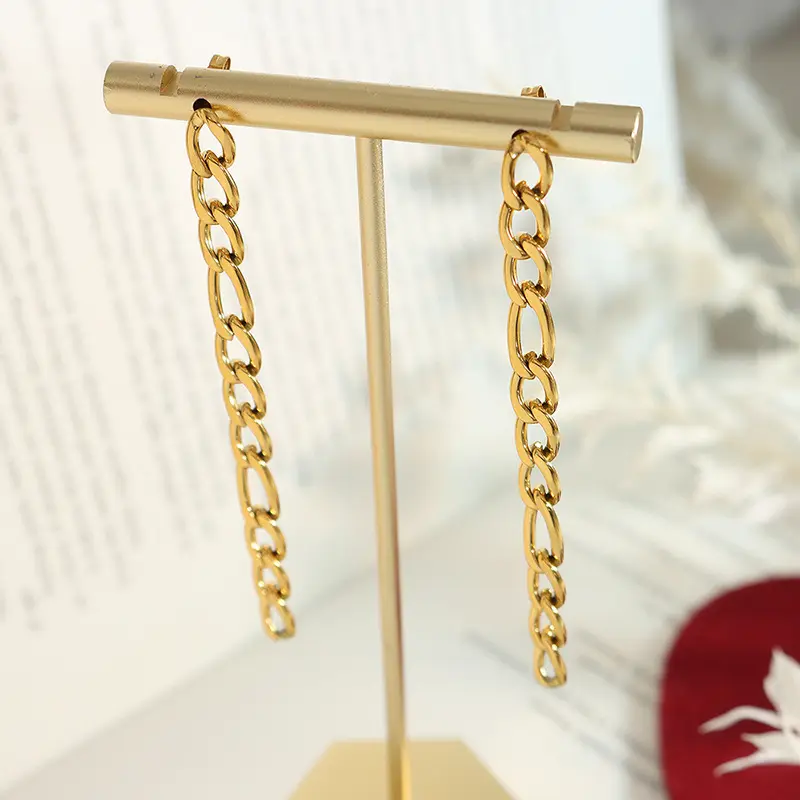 Vintage Long Figaro Chain Dangle Earrings 18 K Gold Plated Stainless Steel Jewelry Minimalist Long Cuban Earrings For Women