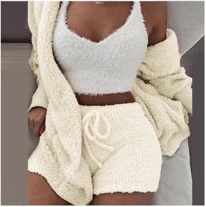 <span class=keywords><strong>Pigiama</strong></span> Primaverile da <span class=keywords><strong>Donna</strong></span> alla Moda, Set da Notte in <span class=keywords><strong>Peluche</strong></span> con Cappuccio, Gilet e Pantaloncini, 3 Pezzi, Sexy e Confortevole - Product Image 3