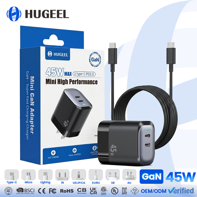 Wholesale 45W GaN Charger Adapter PD Fast Charging FCC Portable USB Charger for Phone Laptop 2 Type-C Wall Charger Cable Kit