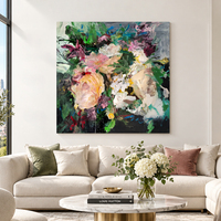 Peinture florale impressionniste d'hôtel, nature morte, pêches, roses, fleurs roses et blanches, toile verte foncée, art mural