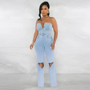 Denim Jeans Jumpsuit Women Hole Bodycon High Quality Sleeveless Pockets Zipper Jumpsuit