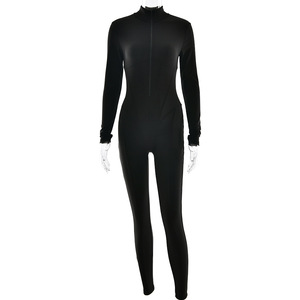 Women's Long Sleeve Zipper Bodysuit Solid Color Round Neck <b>Tight</b> Fit <b>Knitted</b> Polyester Jumpsuit Autumn Winter Wear - Product Image 3
