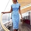 Robe midi en dentelle bleue, col rond, manches courtes, imprimé floral, robe de soirée pour femmes - Product Image 2