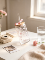Tasse à Bubble Tea en Verre Borosilicate Style Ins, Grande Capacité, Mignonne, avec Paille et Couvercle Nœud, pour Dames Élégantes