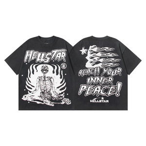 T-shirt à manches courtes en coton pur, motif personnalisé, style streetwear américain, effet délavé, imprimé crâne rétro - Product Image 4