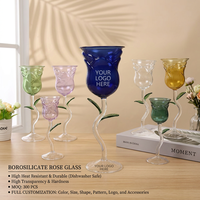 Ensemble de verres à vin en forme de rose colorée, fabricant, vente en gros, OEM, vert, bleu, rose, ambre, transparent, pétales, tige, feuille, gobelet en borosilicate