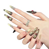 En gros Faux ongles à presser de luxe noirs effet œil de chat, longs forme cercueil, avec breloque croix 3D, papillon, perle, finition brillante, style gothique, pour salon