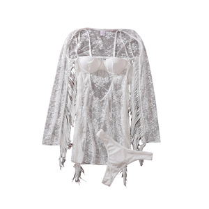 Set Elegante da Donna Royalcore con Cardigan con Frange e Paillettes, Abito Aderente Trasparente in Pizzo e Slip, Bianco Puro S M L - Product Image 6