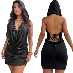 Robe mini décontractée sexy unie à taille naturelle, écologique, style gothique, dos nu, à lacets, sans manches, moulante avec décorations à œillets - Product Image 1