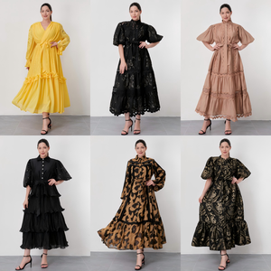 <span class=keywords><strong>Abiti</strong></span> Eleganti di Alta Qualità con Maniche <span class=keywords><strong>a</strong></span> Sbuffo in Jacquard Nero e Oro, Vestito Casual Chic per Feste, Produzione ODM all'Ingrosso - Product Image 2