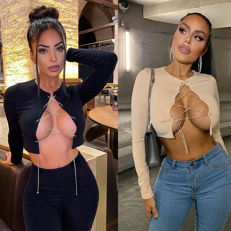 Сексуальный простой Приталенный жилет без рукавов, майка с низким вырезом, одежда для ночного клуба, женские кроп-топы с металлической цепочкой на заказ