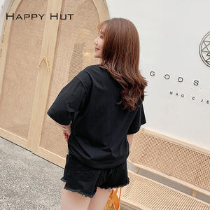 Camiseta de Verano para Mujer Happy Hut, de Algodón, Manga Corta, Negra, Talla Grande, Transpirable, con Estampado Jersey N7010 - Product Image 5