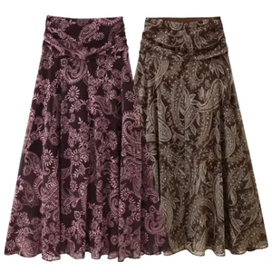 Nouvelle jupe évasée vintage en mousseline imprimée, taille haute, grande ampleur, pour femme, tenue décontractée de vacances, jupe longue plissée - Product Image 1