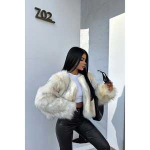 Blazer en laine tissée à motif écossais imprimé, avec détails en fourrure de vison, lapin et renard, teinté et enduit, boutonné, blanc cassé - Product Image 2