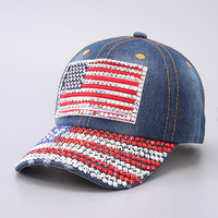 Gorra de Béisbol de Mezclilla con Pedrería de la Bandera de EE. UU. al por Mayor, Sombrero Patriótico Brillante, Accesorio de Moda para el 4 de Julio