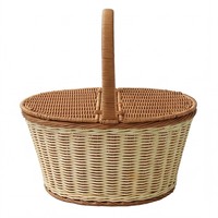 Panier de pique-nique en rotin synthétique tissé en plastique PP avec couvercle et poignée, panier de rangement pour aliments de camping en plein air, panier en osier pour fruits